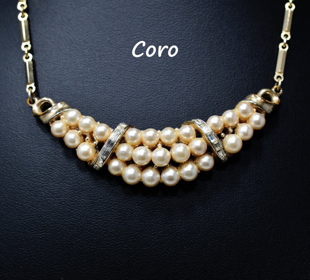 Vintage 1940s Coro Faux Pearl Rhinestone Choker Necklace Gold Plated Bridal